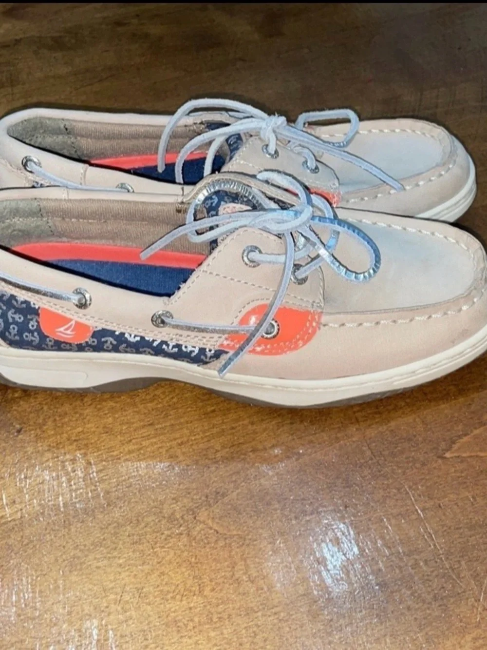 Sperry Two-Tone Tan and Coral Boat Shoes, Semi New, Sz. 3.